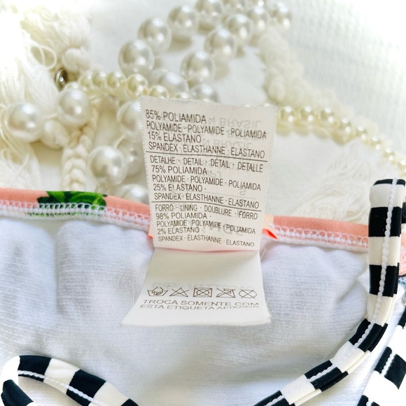 SALINAS | S | High Neck Palm Coral Sunset Bikini Black White Striped Sport Top - Picture 8 of 16